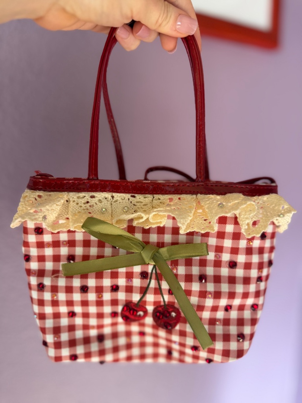 Rhinestone Red Cherry Gingham Checkers Purse Crossbody Coquette Girl Cottagecore